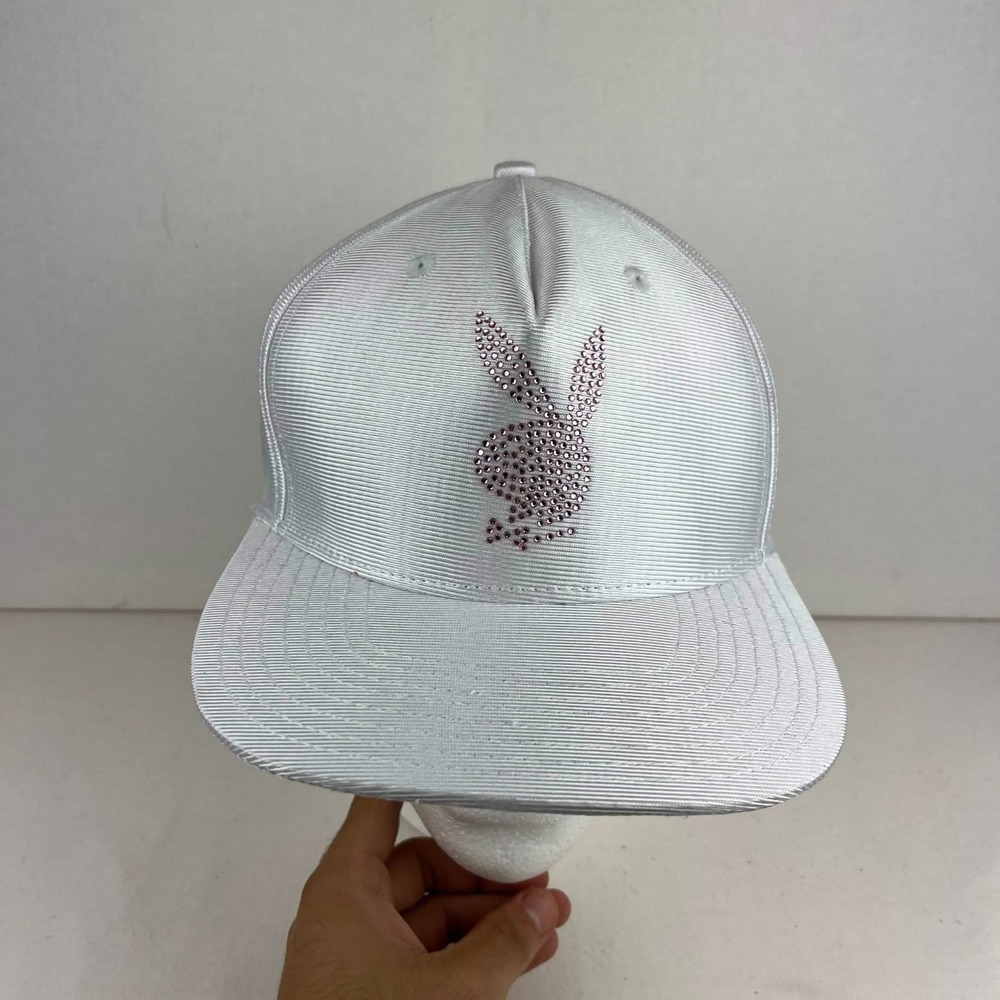 NWT Joyrich X Playboy Womens White Pink Rhinestone Bunny Logo Snapback Hat OSFA
